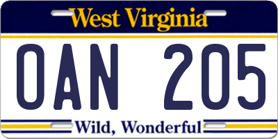 WV license plate OAN205