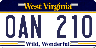 WV license plate OAN210