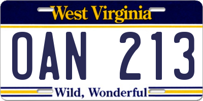 WV license plate OAN213