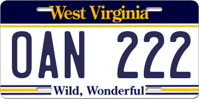 WV license plate OAN222