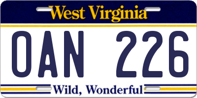 WV license plate OAN226