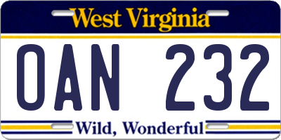 WV license plate OAN232