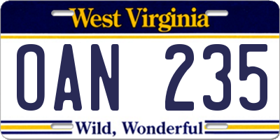 WV license plate OAN235