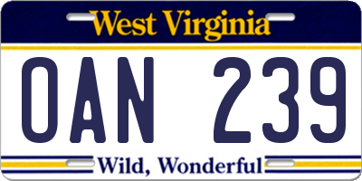 WV license plate OAN239