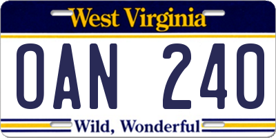 WV license plate OAN240
