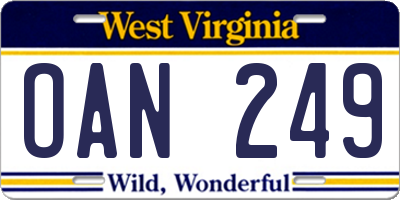 WV license plate OAN249