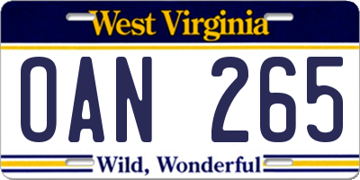 WV license plate OAN265