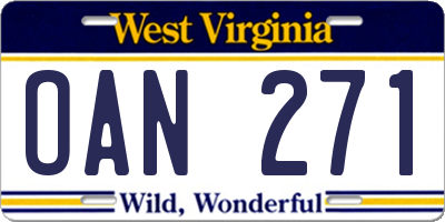 WV license plate OAN271