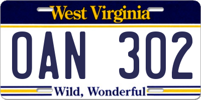 WV license plate OAN302
