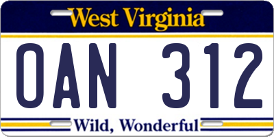 WV license plate OAN312