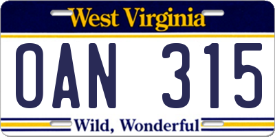WV license plate OAN315