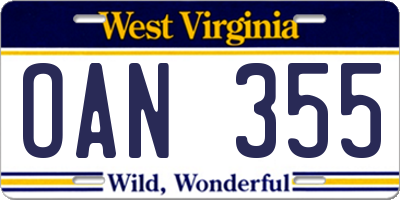 WV license plate OAN355