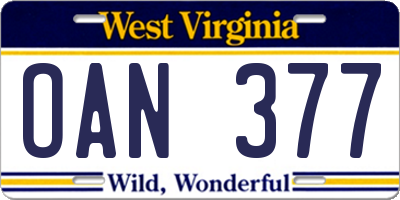 WV license plate OAN377