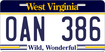 WV license plate OAN386