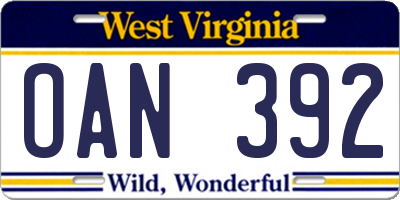 WV license plate OAN392