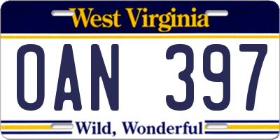 WV license plate OAN397