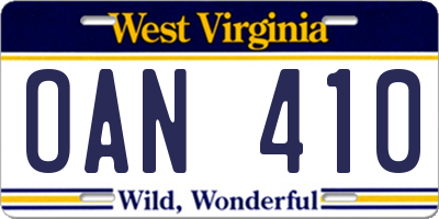 WV license plate OAN410