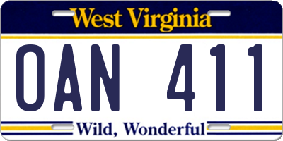 WV license plate OAN411
