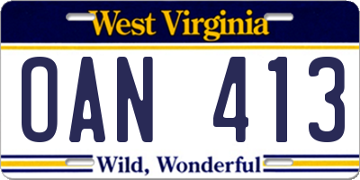 WV license plate OAN413