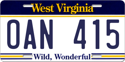 WV license plate OAN415