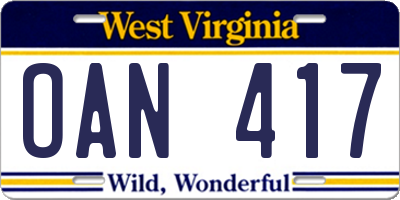 WV license plate OAN417