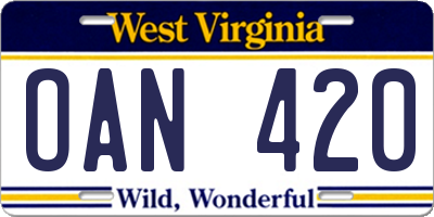 WV license plate OAN420