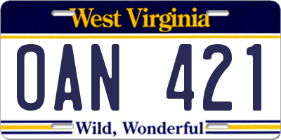 WV license plate OAN421