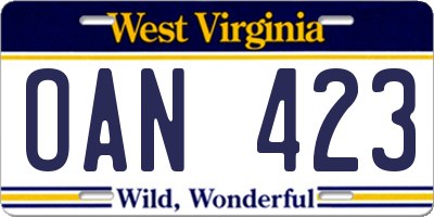WV license plate OAN423