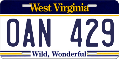 WV license plate OAN429