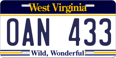 WV license plate OAN433