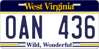 WV license plate OAN436