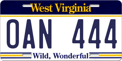 WV license plate OAN444