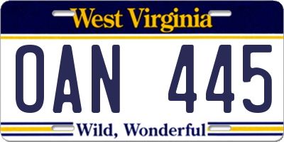 WV license plate OAN445