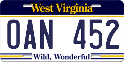 WV license plate OAN452