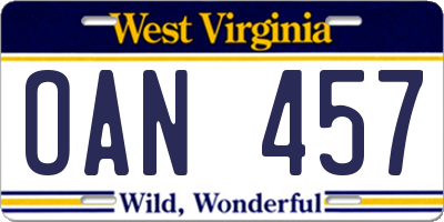 WV license plate OAN457