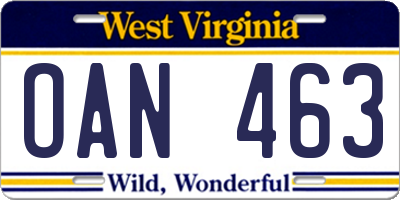 WV license plate OAN463