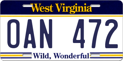 WV license plate OAN472