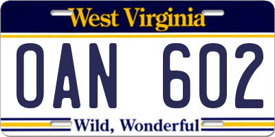 WV license plate OAN602