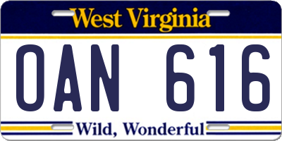 WV license plate OAN616