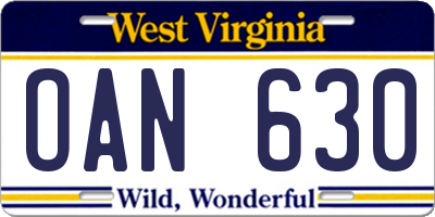 WV license plate OAN630
