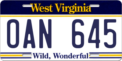 WV license plate OAN645