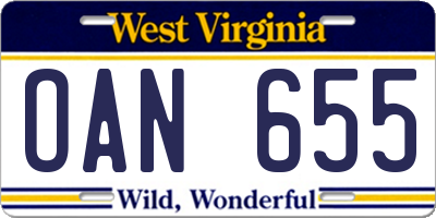 WV license plate OAN655