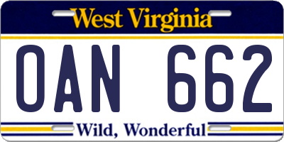 WV license plate OAN662