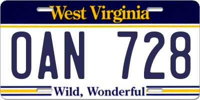 WV license plate OAN728
