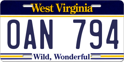 WV license plate OAN794