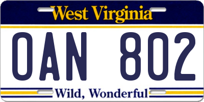 WV license plate OAN802