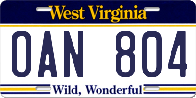WV license plate OAN804