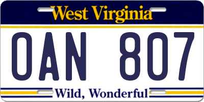 WV license plate OAN807
