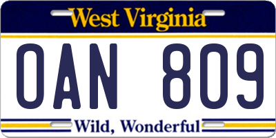 WV license plate OAN809