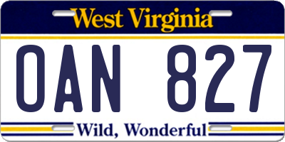 WV license plate OAN827